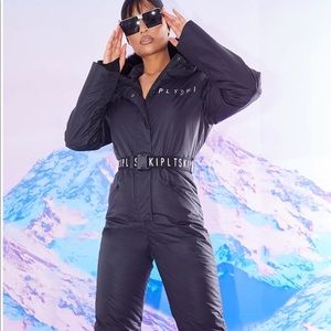 Ski Black Faux Fur Hooded Belted Snow Suit